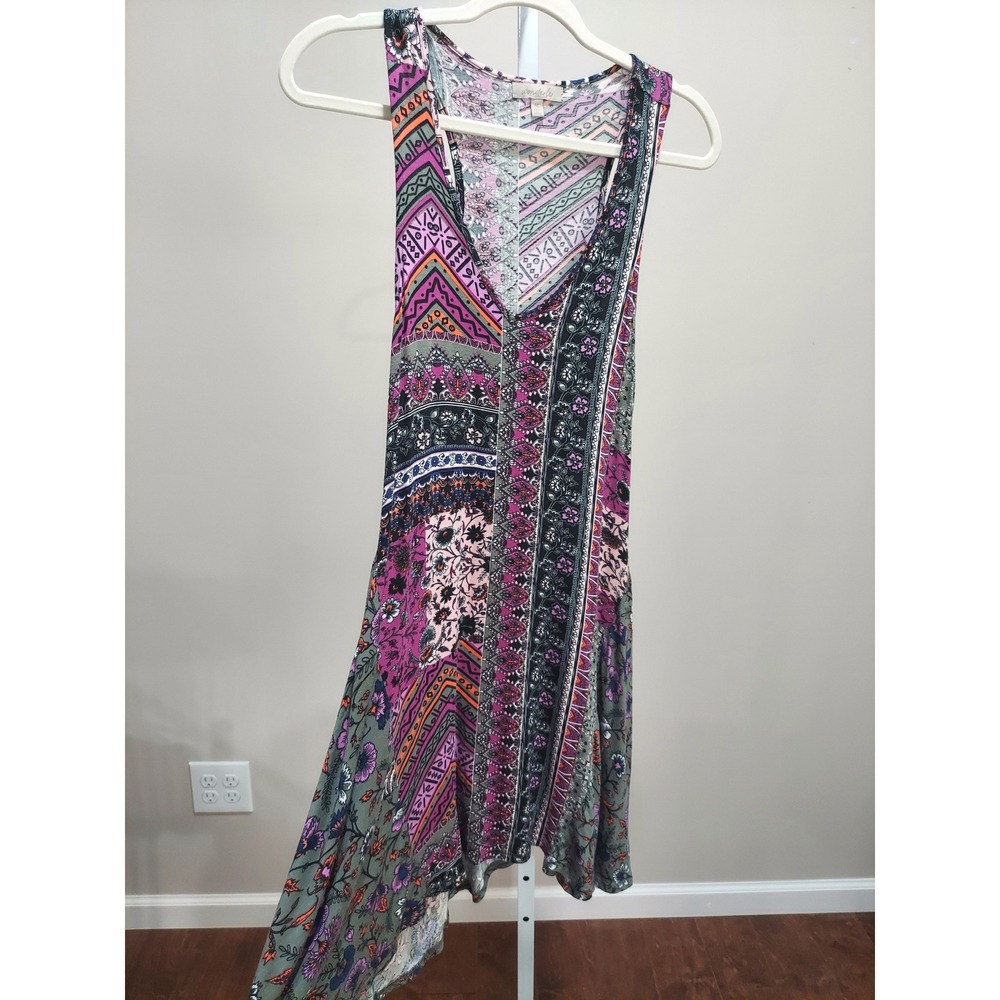 Wonderly Womens Mixed Patchwork Print Handkerchief Hem Sleeveless Dress Medium